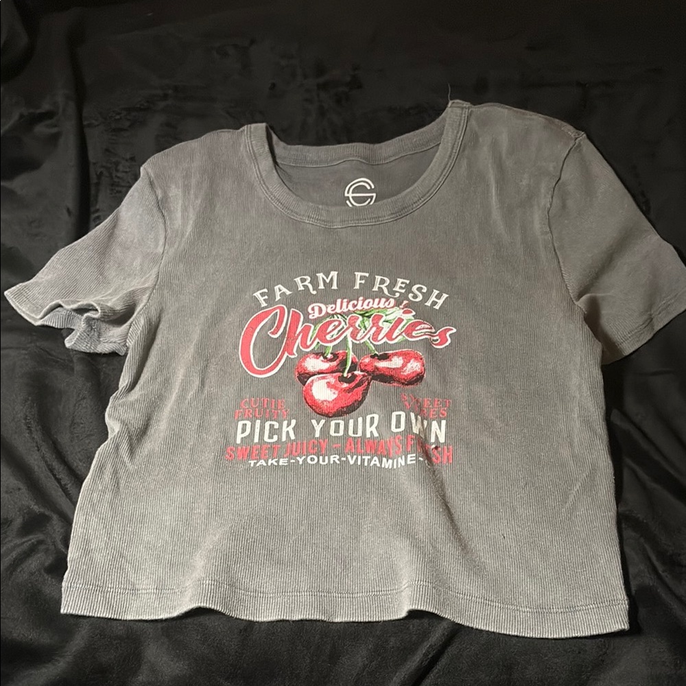 Gray Crop Top with Cherry Graphic